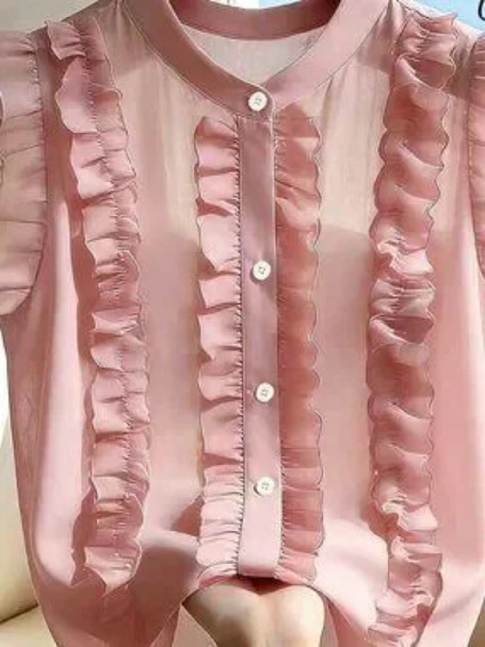 Pink Elegant Women's Ruffle Sheer Button Front Stand Collar Top
